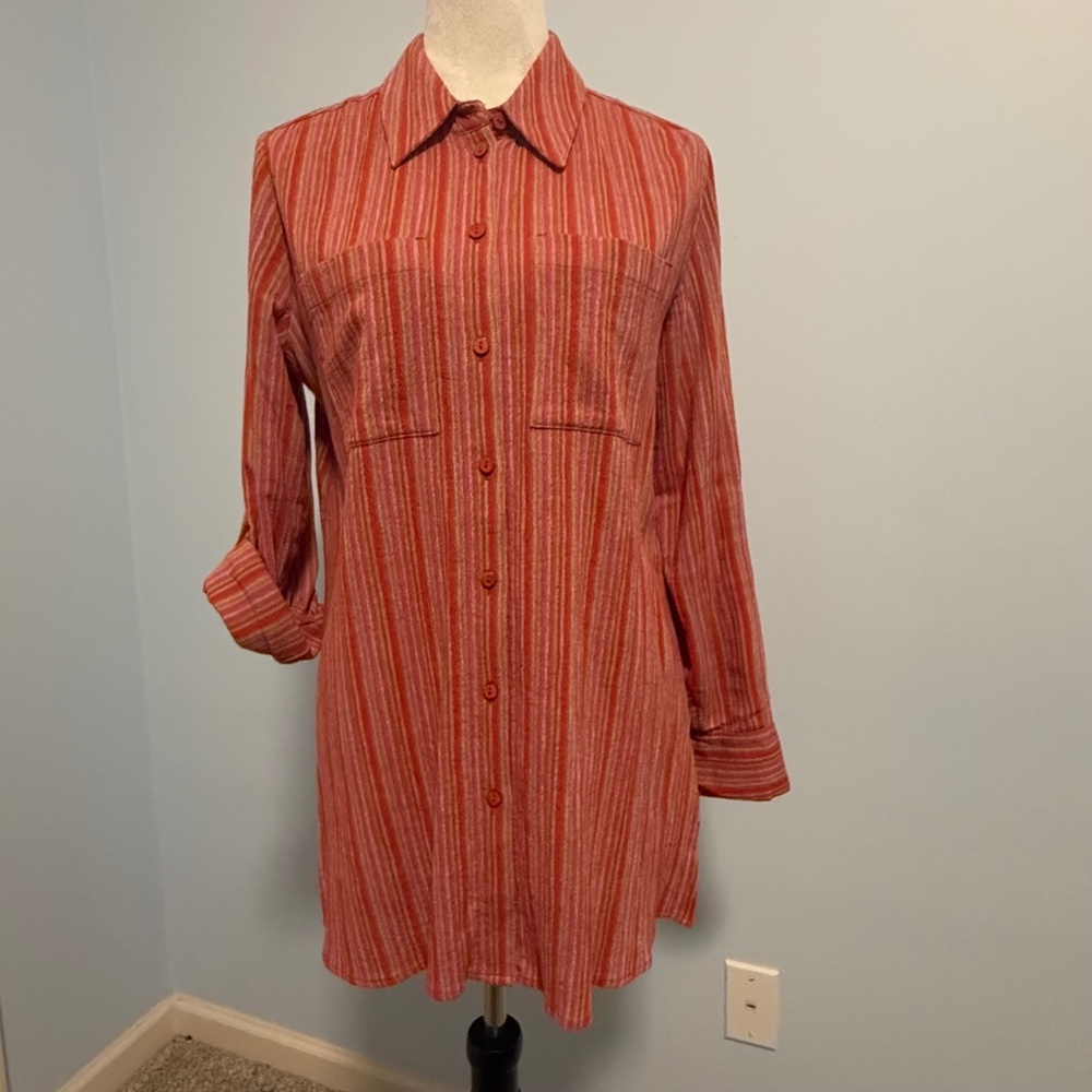 Soft Surroundings Kriya Cotton Roll Sleeve Slim-Stripe Red Blouse sz XS